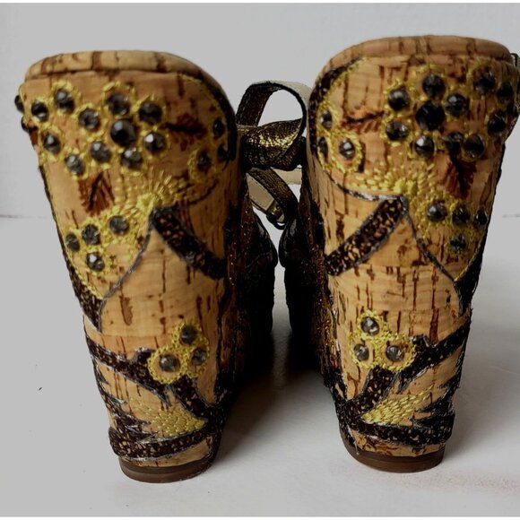Richard Tyler Wedges Beads Embroidery Brown and Gold Sandals Size 6.5 - Picture 6 of 14